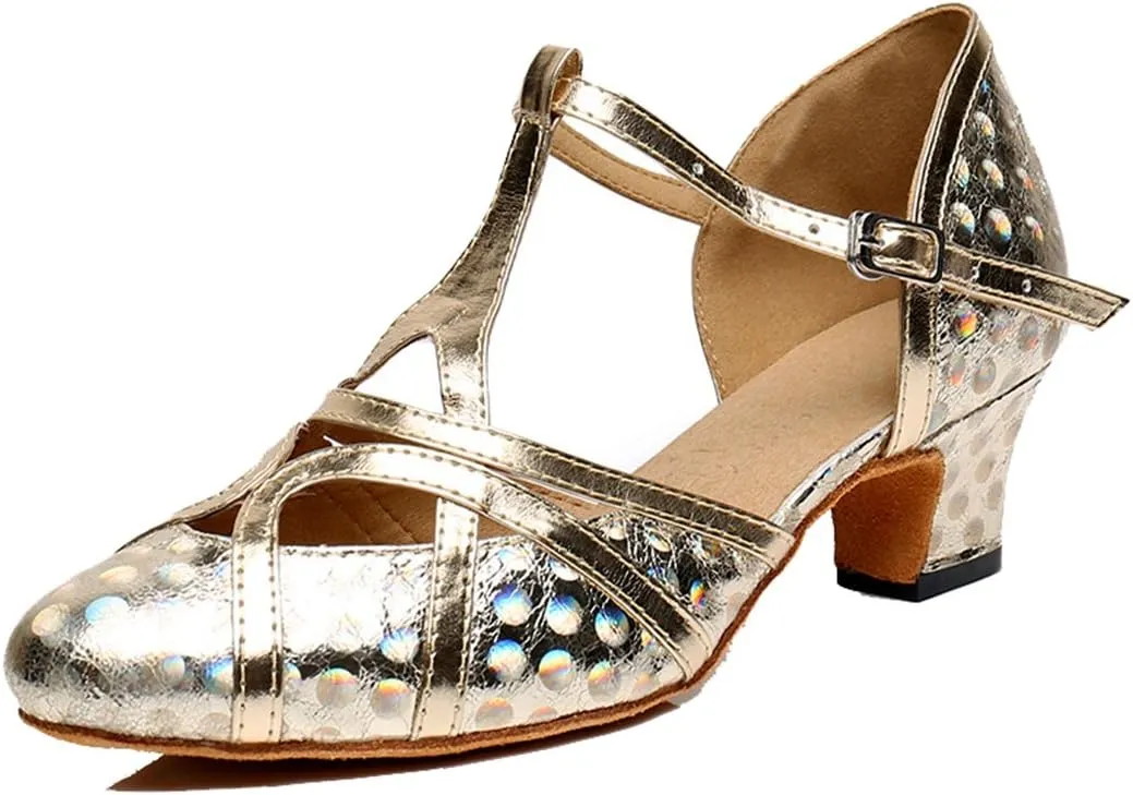 TDA Womens Mid Heel Printing Gold PU Leather Salsa Tango Ballroom Latin Party Dance Shoes CM101 9 M US