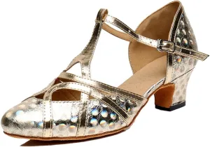 TDA Womens Mid Heel Printing Gold PU Leather Salsa Tango Ballroom Latin Party Dance Shoes CM101 9 M US