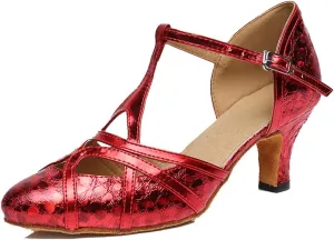 TDA Womens Mid Heel Printing Red PU Leather Salsa Tango Ballroom Latin Party Dance Shoes CM101 5 M US