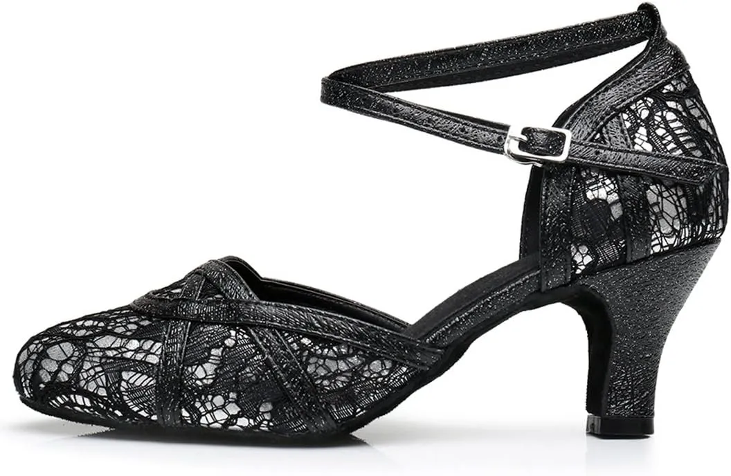 TDA Women's Mid Heel Round Toe Lace Synthetic Tango Ballroom Salsa Latin Dance wedding Shoes