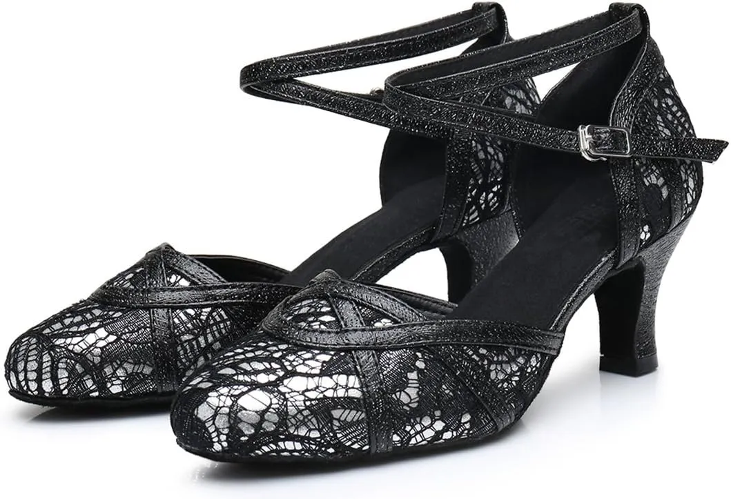 TDA Women's Mid Heel Round Toe Lace Synthetic Tango Ballroom Salsa Latin Dance wedding Shoes