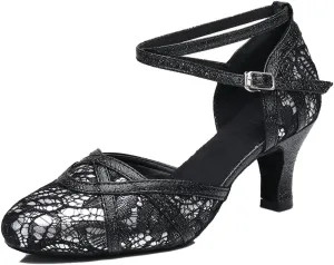 TDA Women's Mid Heel Round Toe Lace Synthetic Tango Ballroom Salsa Latin Dance wedding Shoes