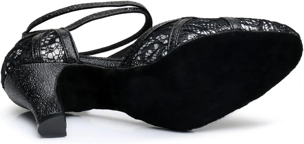 TDA Women's Mid Heel Round Toe Lace Synthetic Tango Ballroom Salsa Latin Dance wedding Shoes