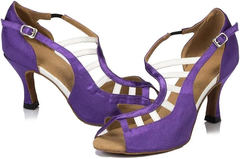 TDA Women's Peep Toe Ankle Strap Cut-out Satin Tango Salsa Latin Chacha Ballroom Dance Wedding Shoes