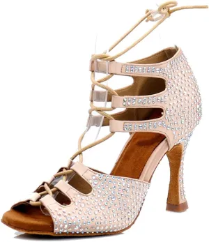 TDA Women's Sexy Lace-up Peep Toe Beige Crystals Satin Salsa Tango Ballroom Latin Dance Shoes 5.5 M US