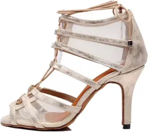 TDA Women's Sexy Lace-up Peep Toe Beige Leather Salsa Tango Ballroom Latin Dance Shoes 9 M US