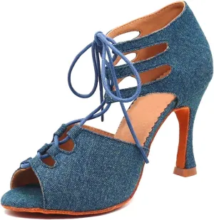 TDA Women's Sexy Lace-up Peep Toe Blue Denim Salsa Tango Ballroom Latin Dance Shoes 5 M US