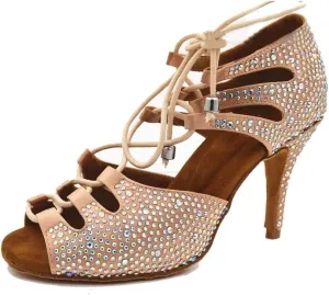 TDA Women's Sexy Lace-up Peep Toe Brown Crystals Satin Salsa Tango Ballroom Latin Dance Shoes 7.5 M US