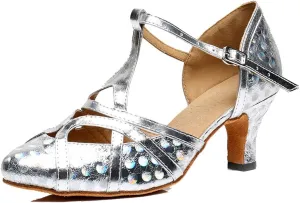 TDA Women's T-Strap Glitter Synthetic Salsa Tango Ballroom Latin Party Dance Shoes 4 6cm Printing Silver