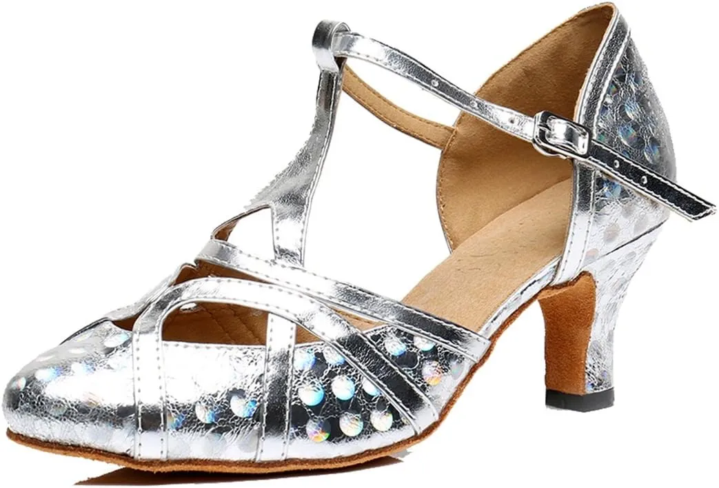 TDA Women's T-Strap Glitter Synthetic Salsa Tango Ballroom Latin Party Dance Shoes 4 6cm Printing Silver