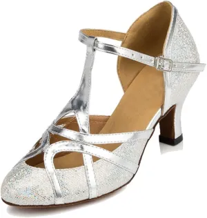 TDA Women's T-Strap Glitter Synthetic Salsa Tango Ballroom Latin Party Dance Shoes 5.5 Glitter Silver-6cm Heel