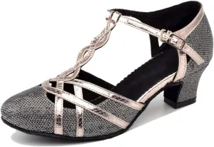 TDA Women's T-Strap Glitter Synthetic Salsa Tango Ballroom Latin Party Dance Shoes 6.5 Silver Black-5cm Thick Heel