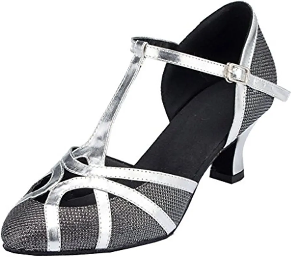 TDA Women's T-Strap Glitter Synthetic Salsa Tango Ballroom Latin Party Dance Shoes 8.5 6cm Black