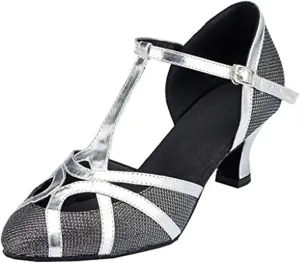 TDA Women's T-Strap Glitter Synthetic Salsa Tango Ballroom Latin Party Dance Shoes 8.5 6cm Black