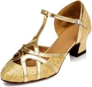 TDA Women's T-Strap Glitter Synthetic Salsa Tango Ballroom Latin Party Dance Shoes 9 Glitter Gold-5cm Heel