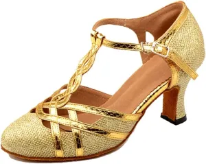 TDA Women's T-Strap Glitter Synthetic Salsa Tango Ballroom Latin Party Dance Shoes 9.5 Gold-7cm Heel