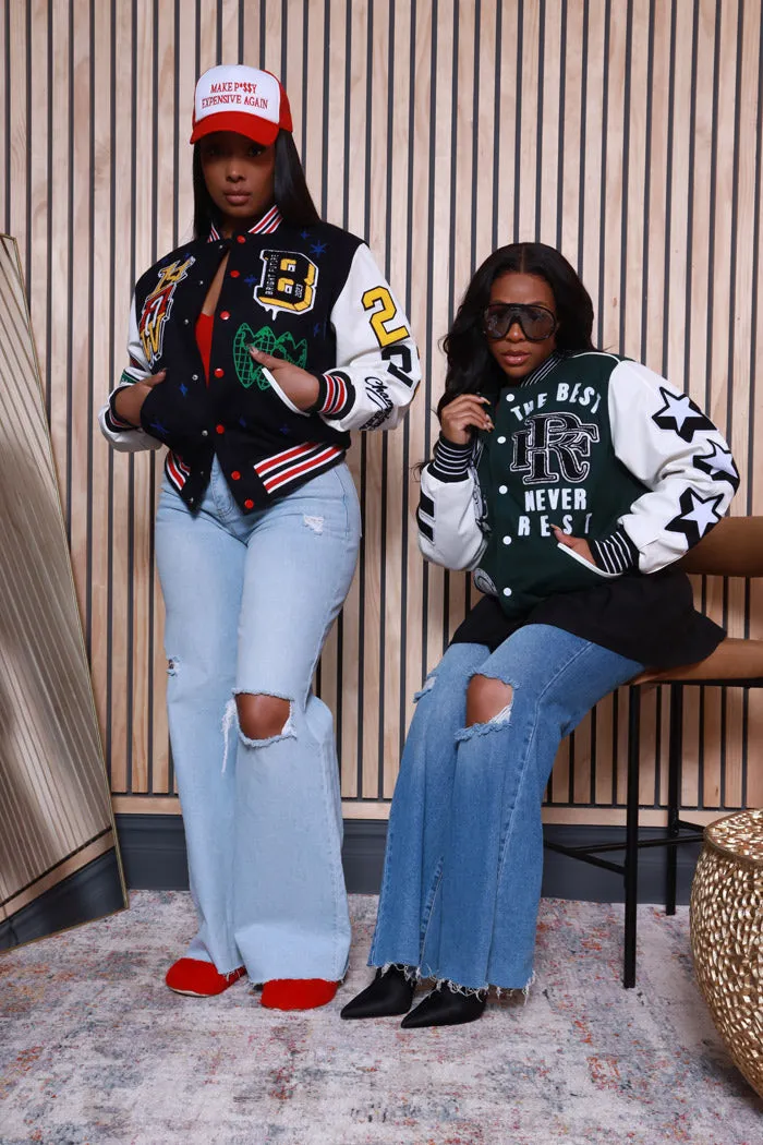 The Best Never Rest Faux Leather Varsity Jacket - Green/White