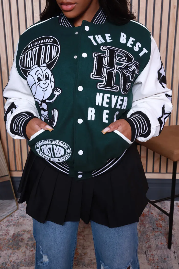 The Best Never Rest Faux Leather Varsity Jacket - Green/White