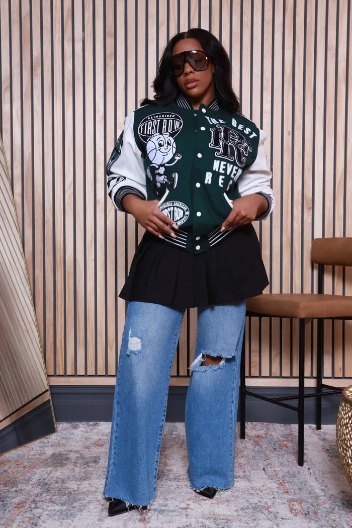 The Best Never Rest Faux Leather Varsity Jacket - Green/White