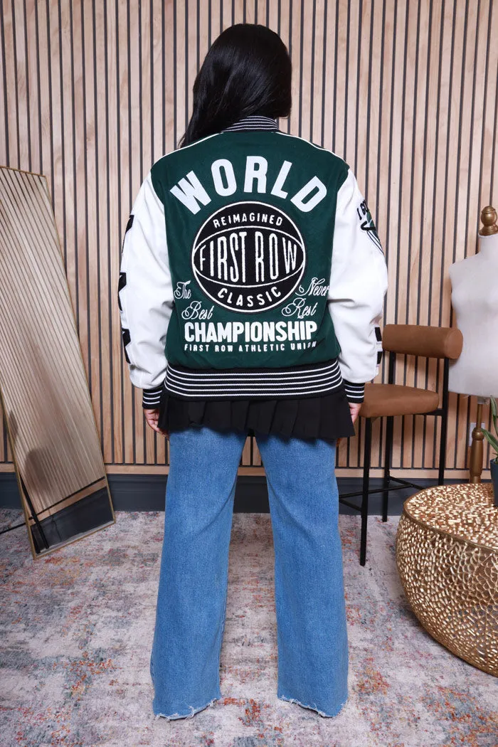 The Best Never Rest Faux Leather Varsity Jacket - Green/White
