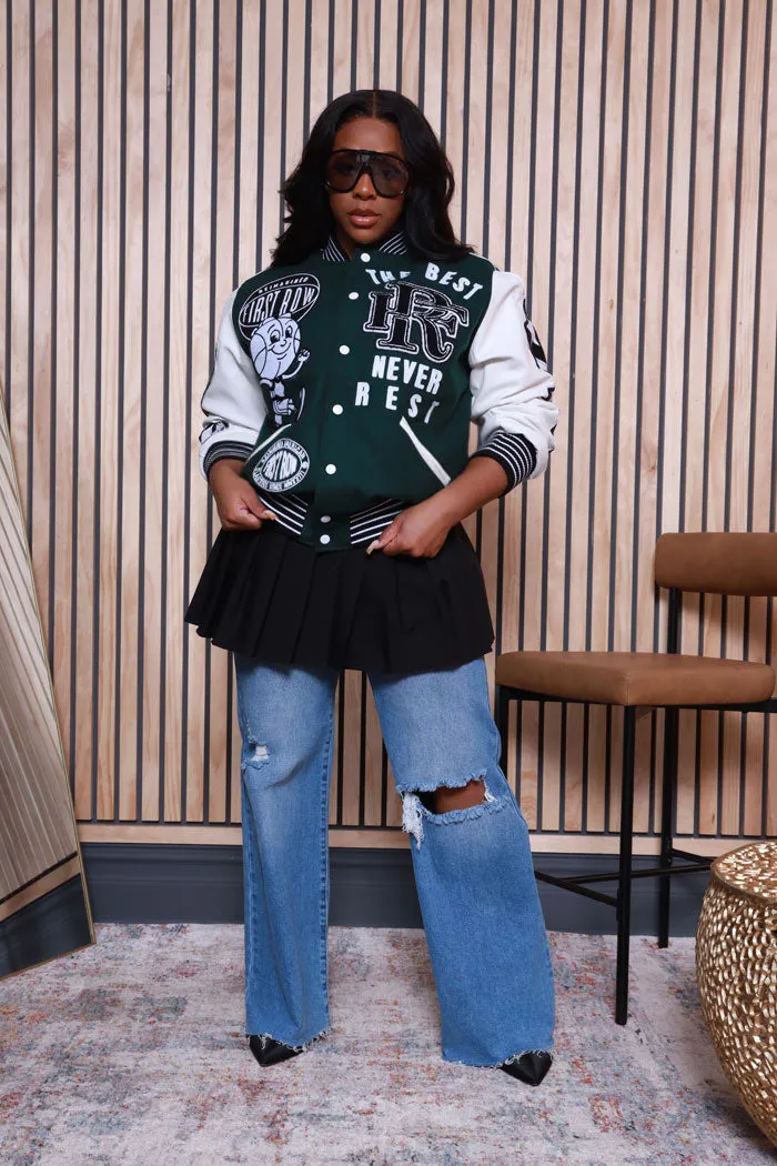 The Best Never Rest Faux Leather Varsity Jacket - Green/White