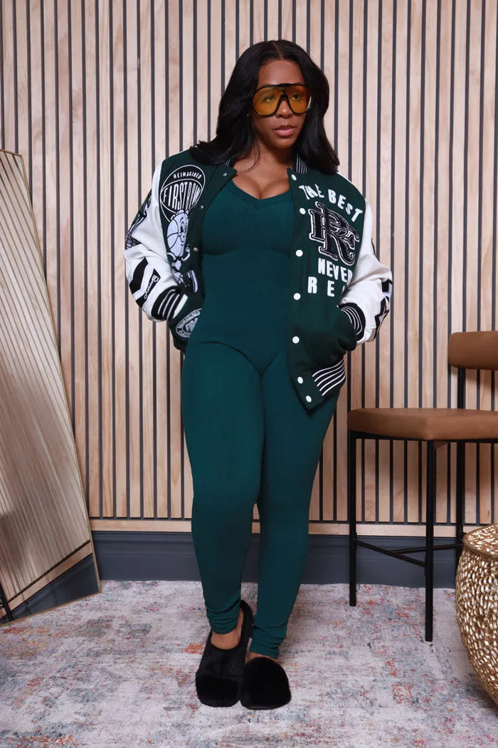 The Best Never Rest Faux Leather Varsity Jacket - Green/White