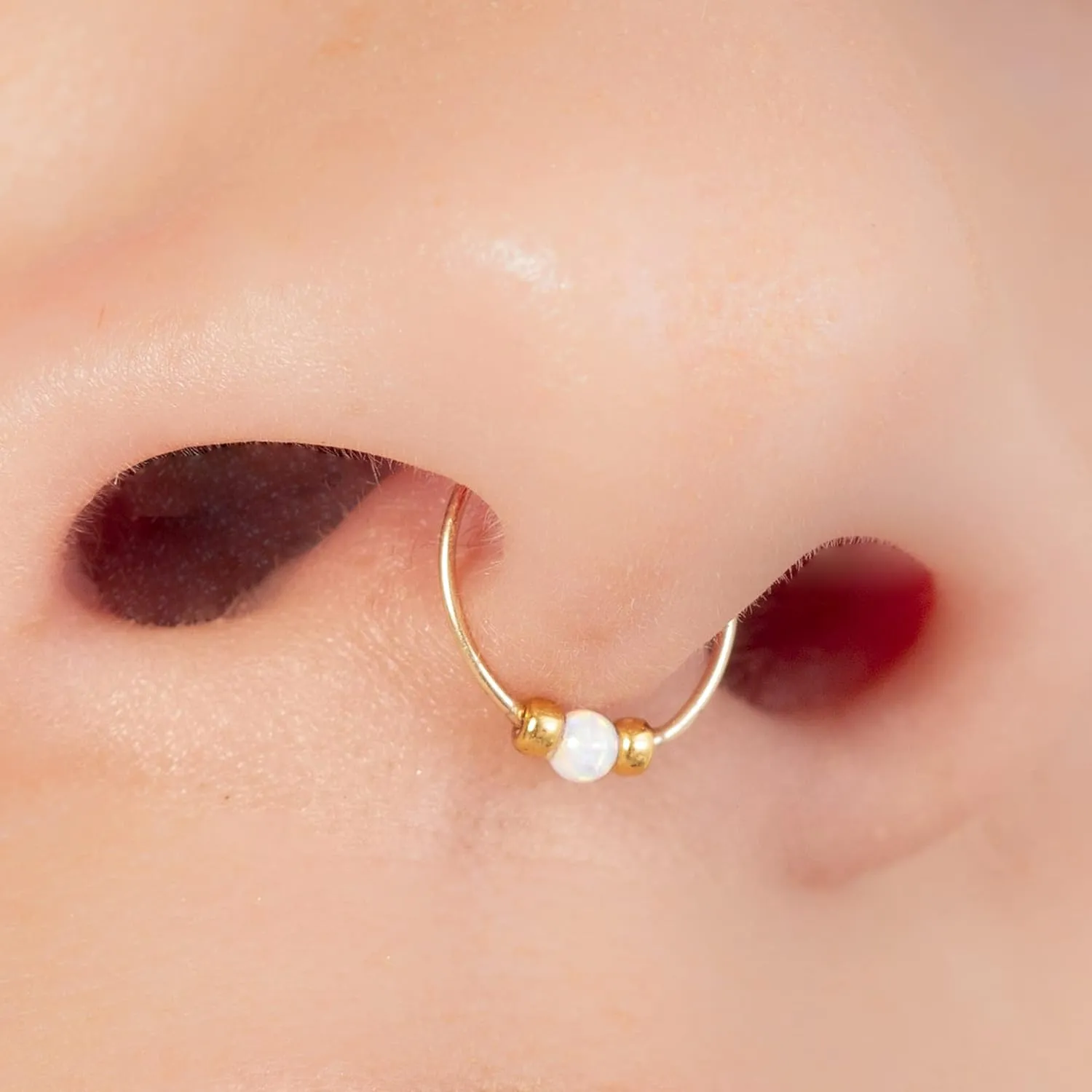 Thin Septum Gold Ring 24G Tiny Septum Hoop For Women, white opal 14k gold filled septum piercing rings 8mm nose jewelry