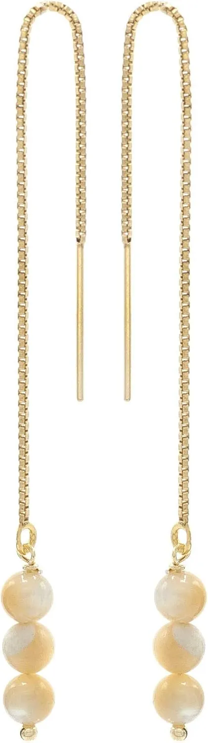Threader Earrings made with 14k Gold Plated 4mm Beige Mother-of-Pearl (Shell) Drops