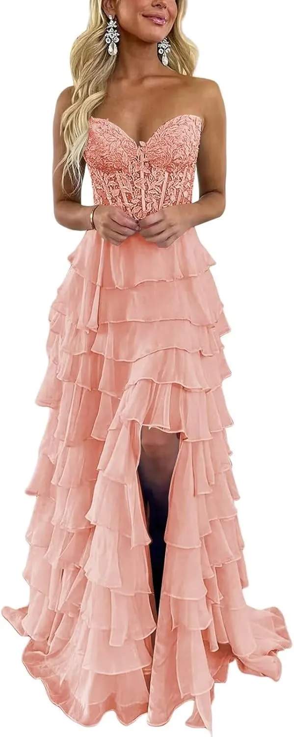 Tiered Lace Chiffon Corset Prom Dresses for Women Long Strapless Ruffles Formal Evening Gown with Slit