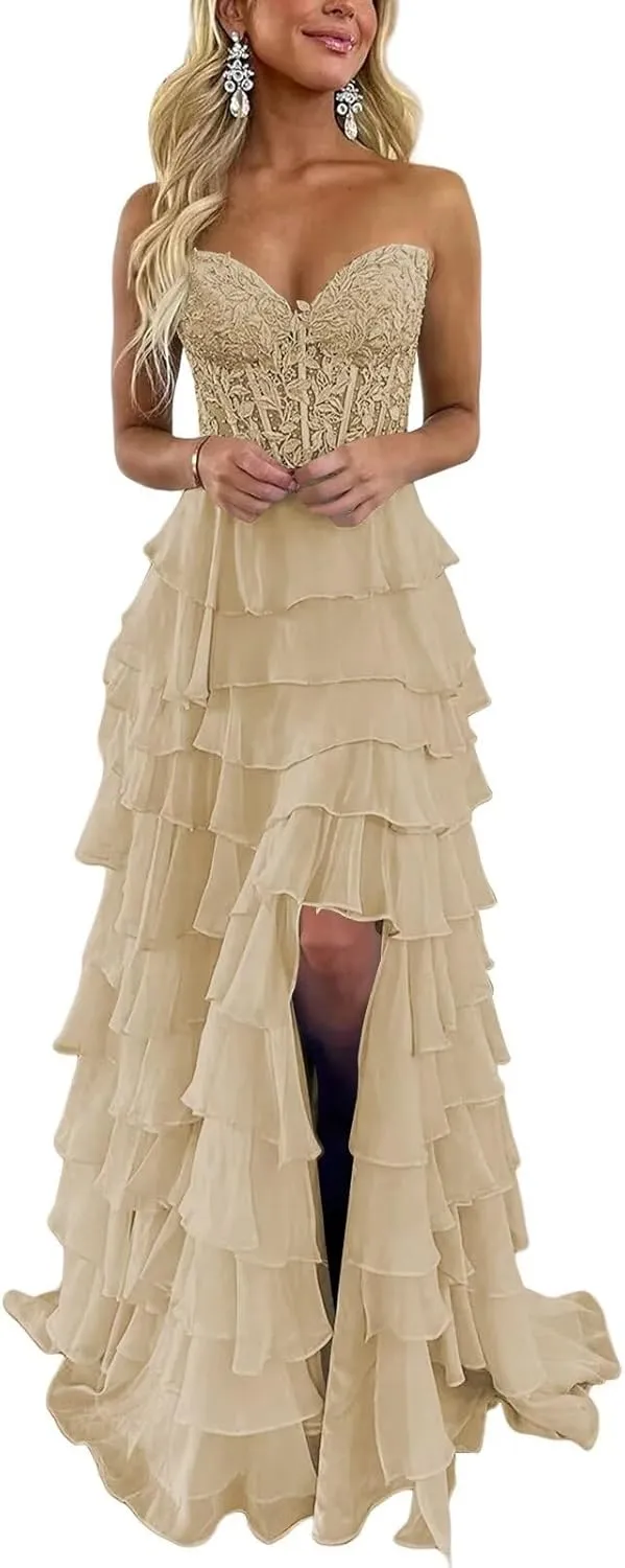 Tiered Lace Chiffon Corset Prom Dresses for Women Long Strapless Ruffles Formal Evening Gown with Slit