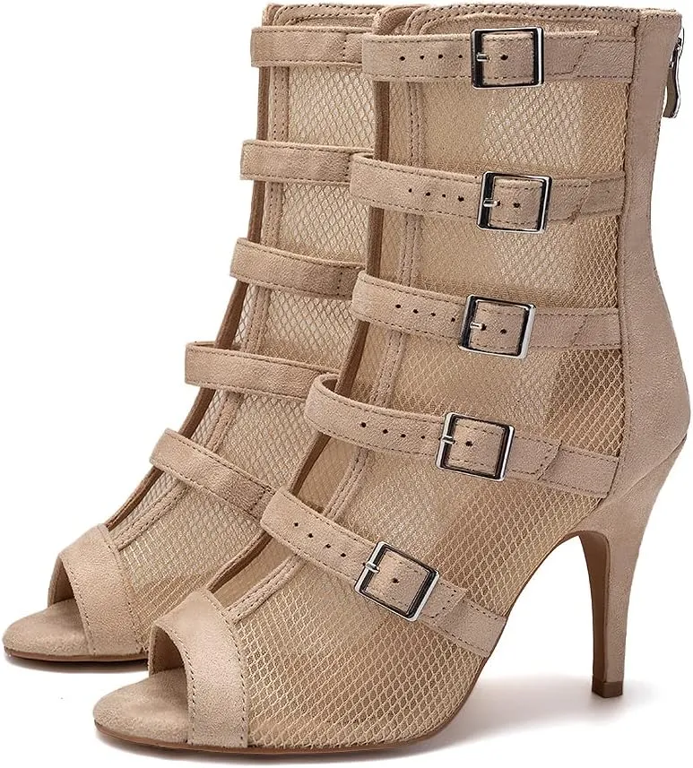 TINRYMX Womens Open Toe Latin Dance Boots Salsa Tango Performance Practice Ballroom Buckles Ankle Dance Shoes,Model-QJWY006