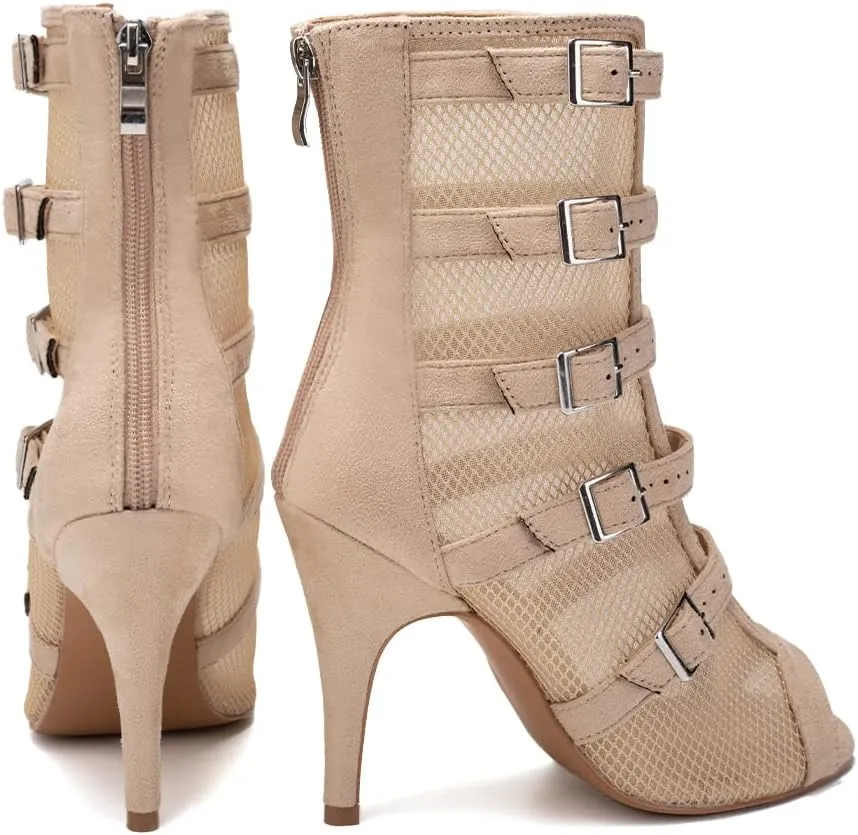 TINRYMX Womens Open Toe Latin Dance Boots Salsa Tango Performance Practice Ballroom Buckles Ankle Dance Shoes,Model-QJWY006