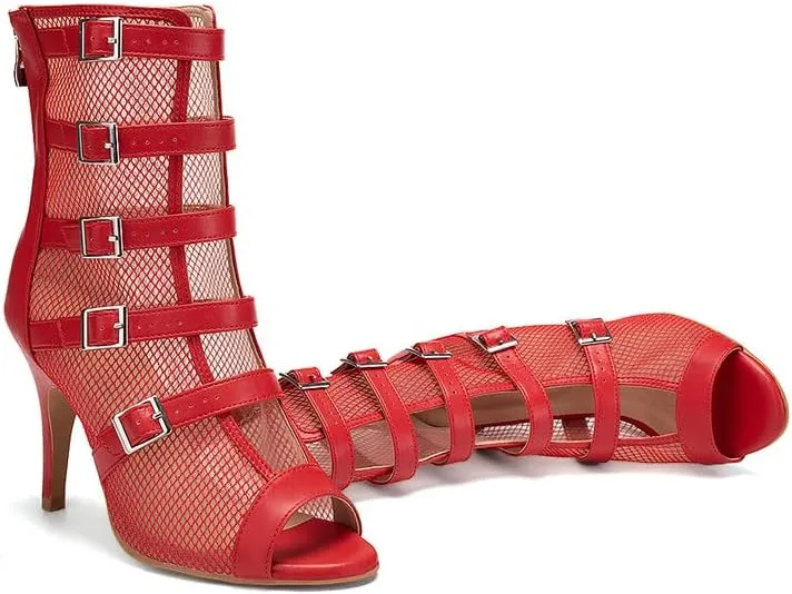 TINRYMX Womens Open Toe Latin Dance Boots Salsa Tango Performance Practice Ballroom Buckles Ankle Dance Shoes,Model-QJWY006