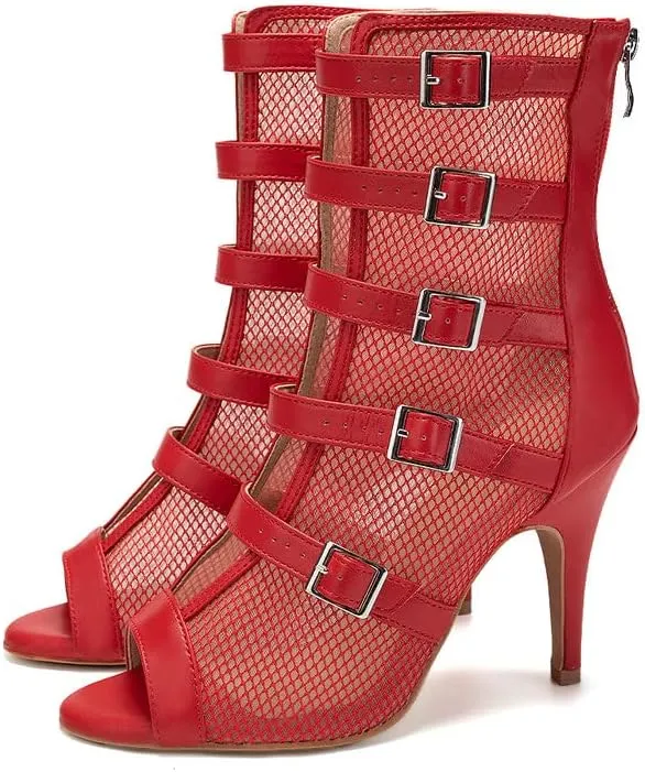 TINRYMX Womens Open Toe Latin Dance Boots Salsa Tango Performance Practice Ballroom Buckles Ankle Dance Shoes,Model-QJWY006