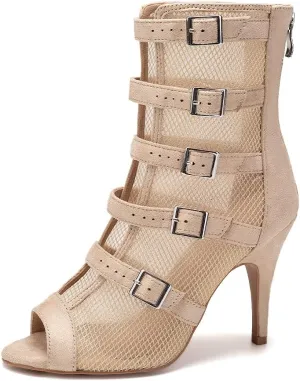 TINRYMX Womens Open Toe Latin Dance Boots Salsa Tango Performance Practice Ballroom Buckles Ankle Dance Shoes,Model-QJWY006