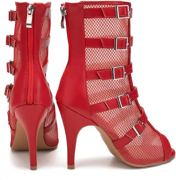 TINRYMX Womens Open Toe Latin Dance Boots Salsa Tango Performance Practice Ballroom Buckles Ankle Dance Shoes,Model-QJWY006