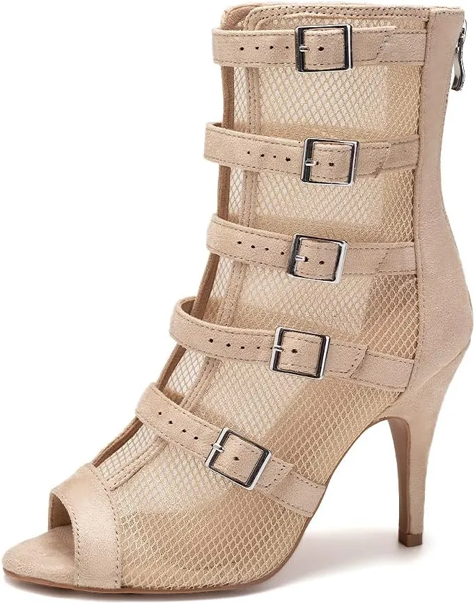 TINRYMX Womens Open Toe Latin Dance Boots Salsa Tango Performance Practice Ballroom Buckles Ankle Dance Shoes,Model-QJWY006