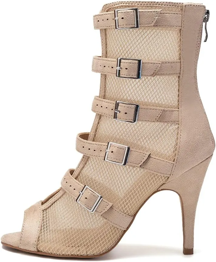 TINRYMX Womens Open Toe Latin Dance Boots Salsa Tango Performance Practice Ballroom Buckles Ankle Dance Shoes,Model-QJWY006
