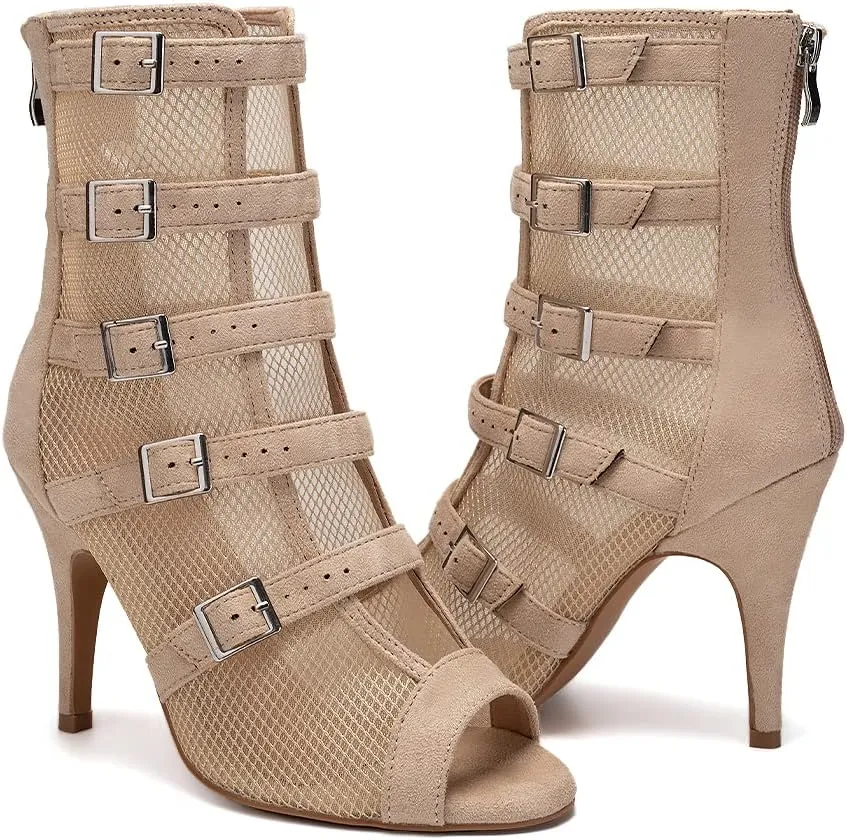 TINRYMX Womens Open Toe Latin Dance Boots Salsa Tango Performance Practice Ballroom Buckles Ankle Dance Shoes,Model-QJWY006