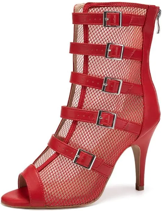 TINRYMX Womens Open Toe Latin Dance Boots Salsa Tango Performance Practice Ballroom Buckles Ankle Dance Shoes,Model-QJWY006