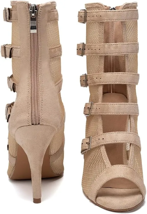 TINRYMX Womens Open Toe Latin Dance Boots Salsa Tango Performance Practice Ballroom Buckles Ankle Dance Shoes,Model-QJWY006
