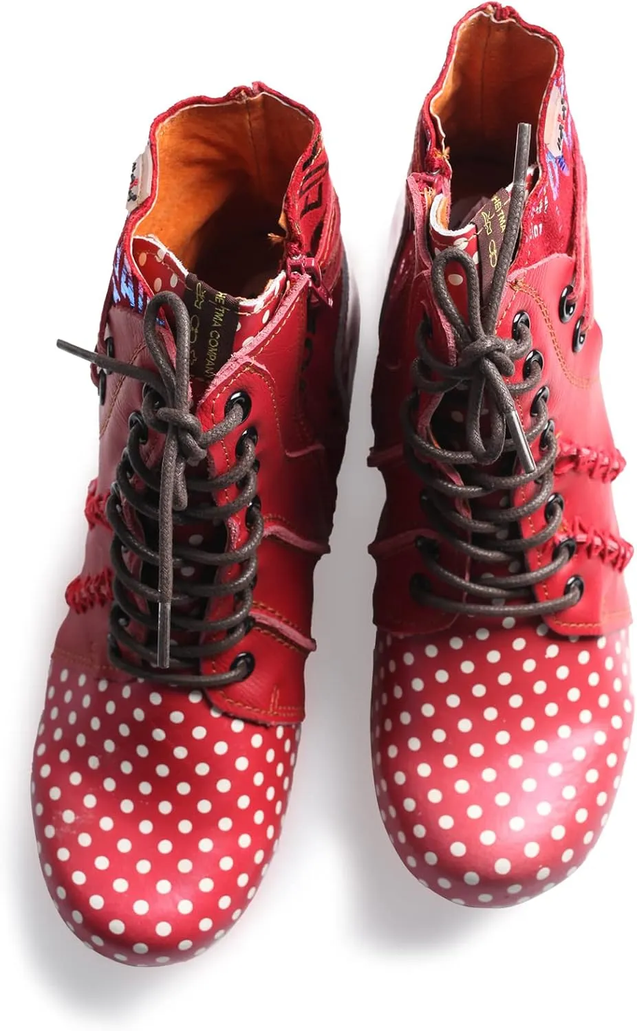 TMA EYES Polka Dot LEather Women Boots With Moccasin Hand Stitching