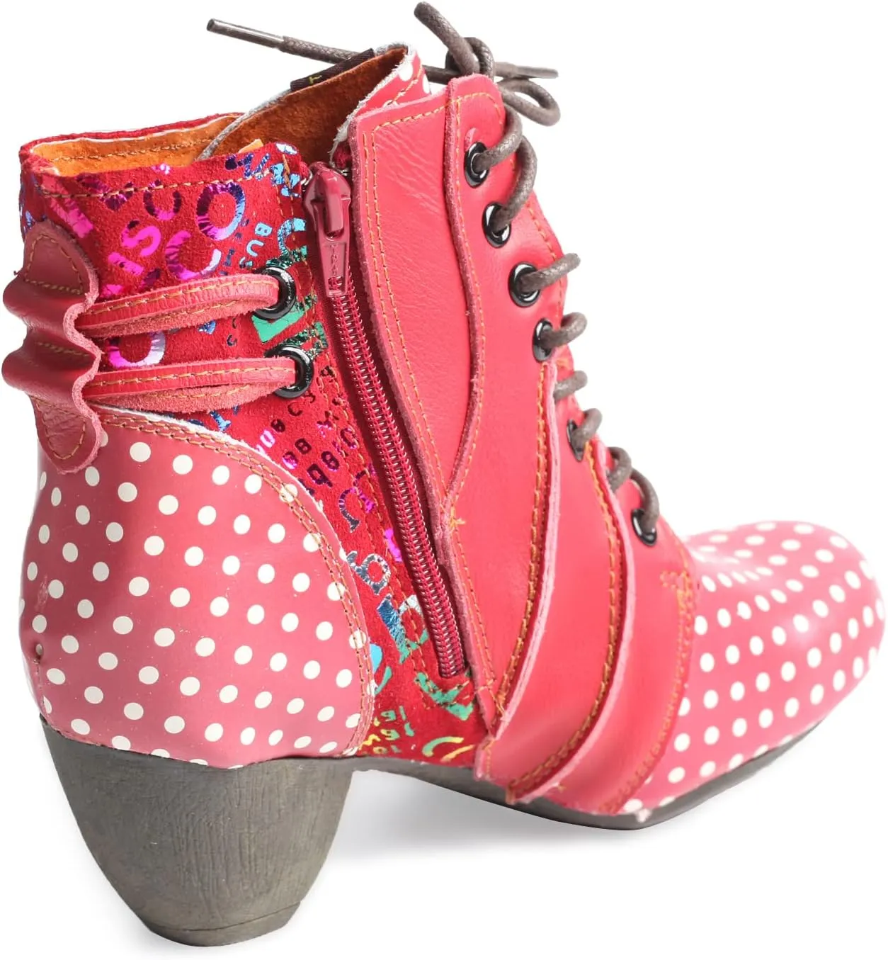 TMA EYES Polka Dot LEather Women Boots With Moccasin Hand Stitching