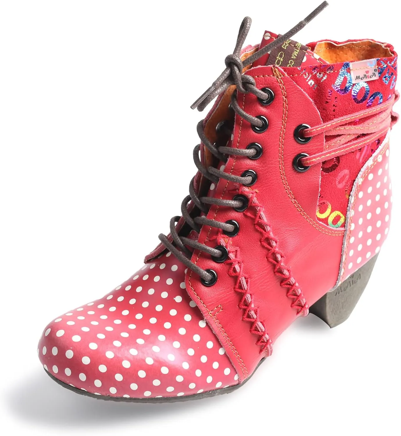 TMA EYES Polka Dot LEather Women Boots With Moccasin Hand Stitching