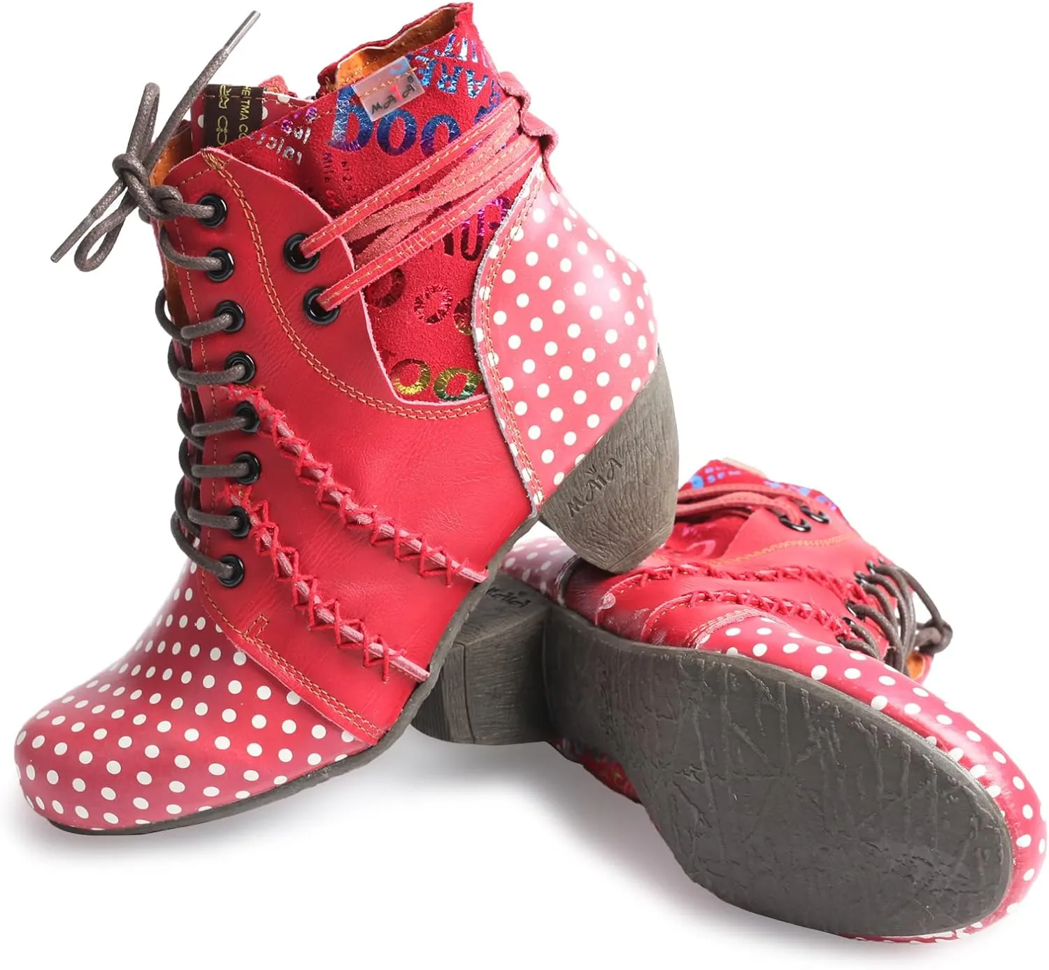 TMA EYES Polka Dot LEather Women Boots With Moccasin Hand Stitching