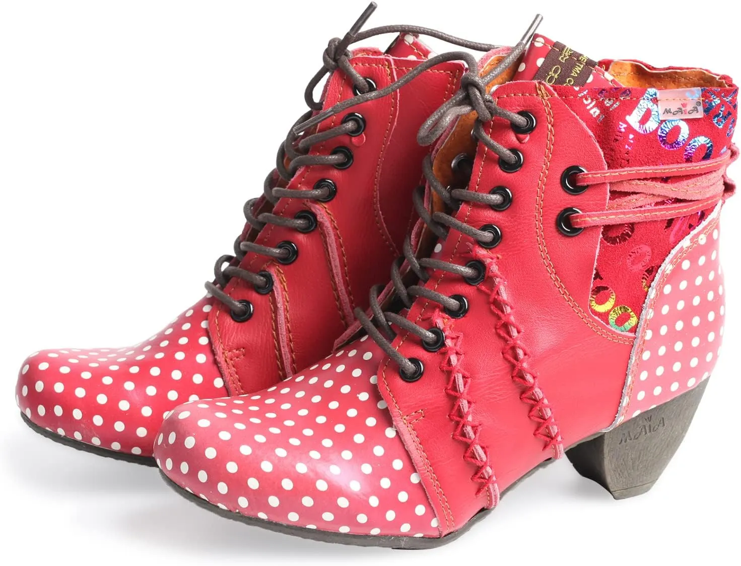 TMA EYES Polka Dot LEather Women Boots With Moccasin Hand Stitching