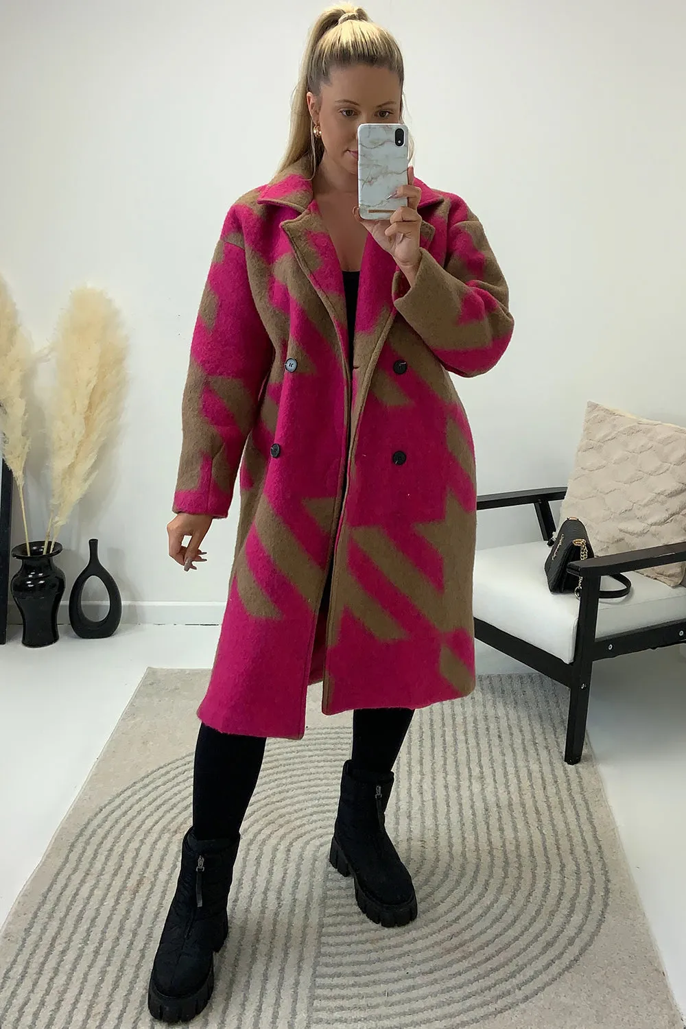 Tonya Pink and Camel Dogtooth Knitted Longline Coat