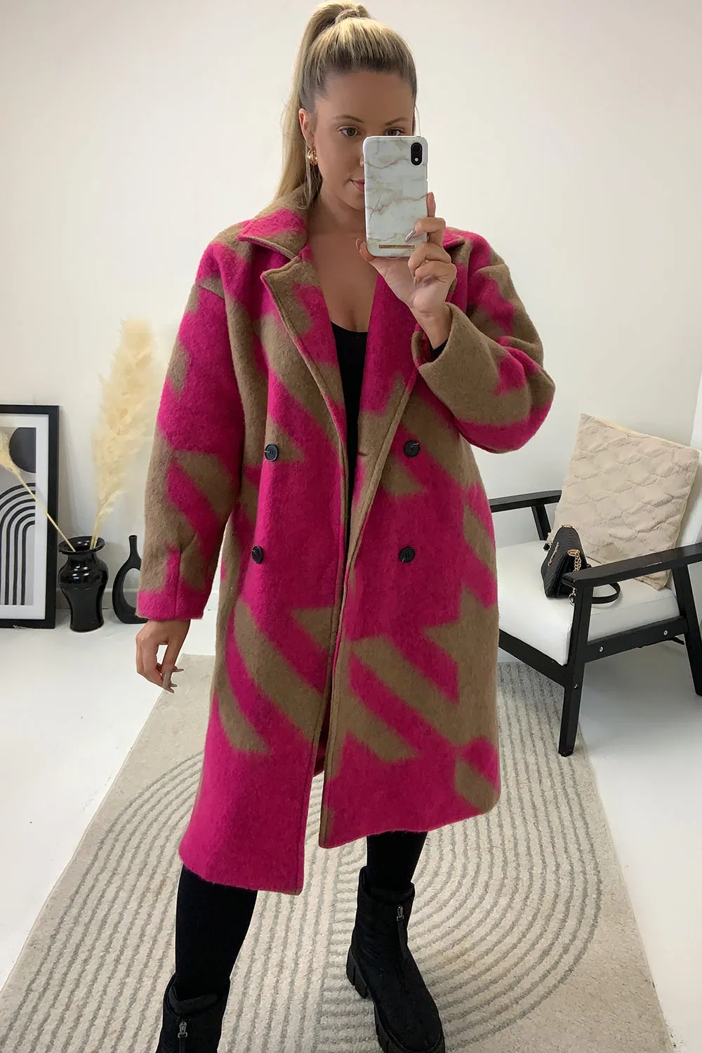 Tonya Pink and Camel Dogtooth Knitted Longline Coat