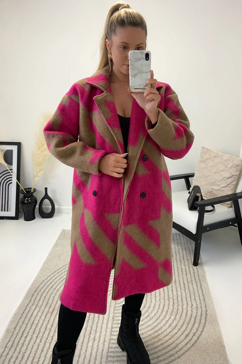 Tonya Pink and Camel Dogtooth Knitted Longline Coat