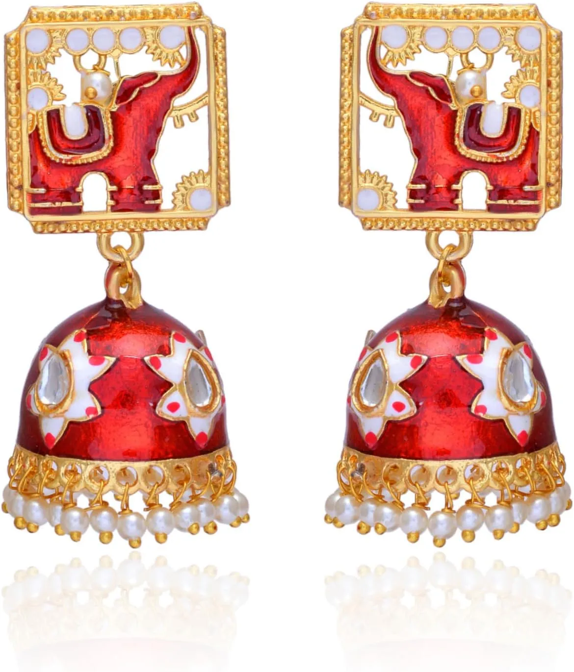 Traditional Indian Elephant Jhumka Earrings for Women, Red Enamel Gold-Plated Drop Dangle Jewelry, Pearl Beaded Ethnic Earrings